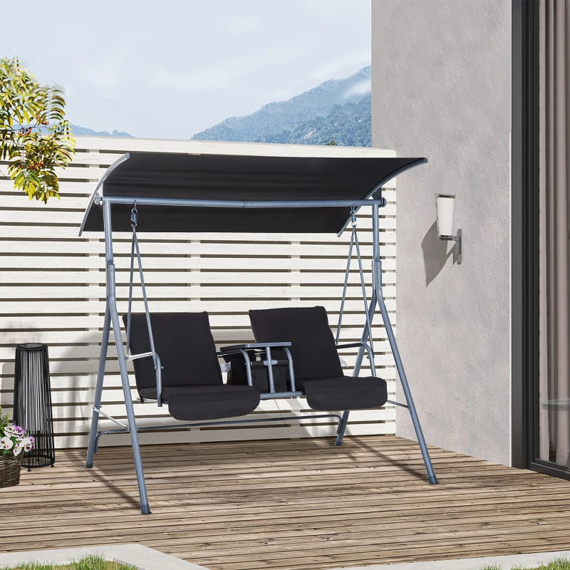 Outsunny Steel Frame 2-Seater Swing Chair with Table & Cup Storage Holder Grey