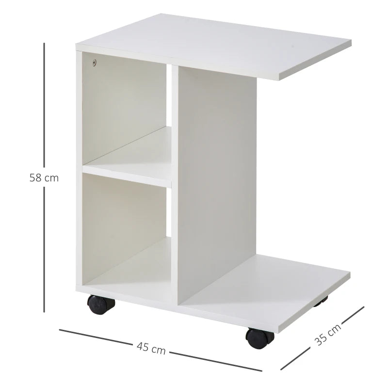 2 Shelves C-Shape End Table Storage Unit 4 Wheels Home Office White Homcom, 1 Pc