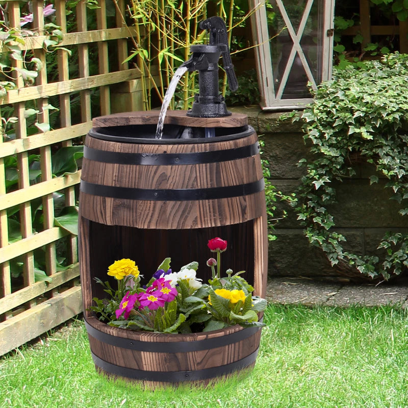 Outsunny Wood Barrel Fountain Retro Water Pump Feature Flower Planter, 3600 RPM