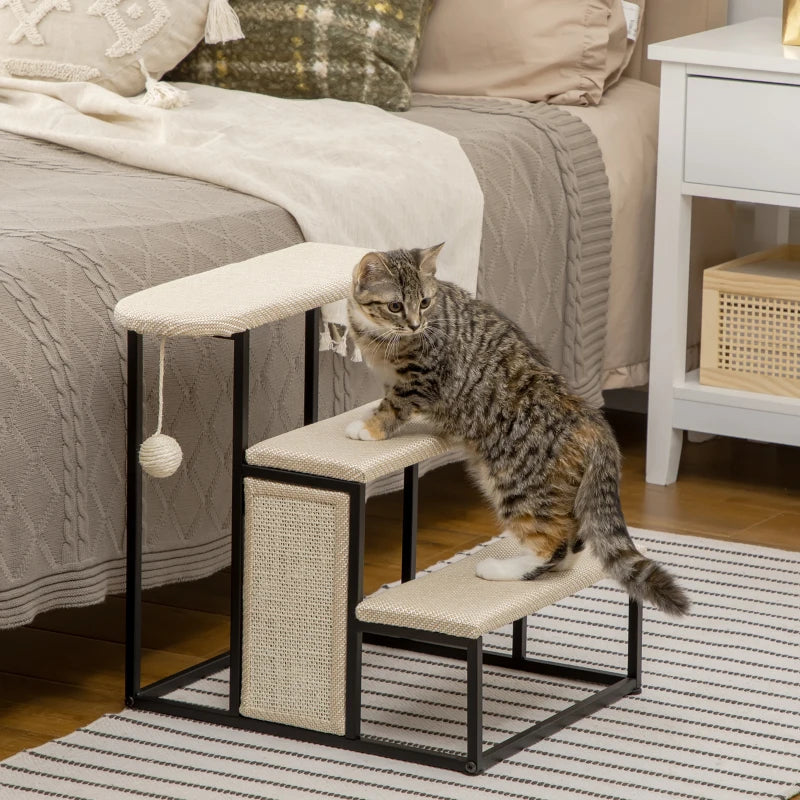 Cat 3-step Stairs with Scratching Board, Hanging Ball, Steel Frame-Cream Pawhut