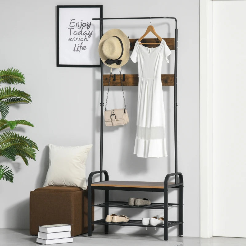 HOMCOM Coat & Shoe Rack Removable Hooks Metal Wood ,72×34×185(cm), Rustic Brown