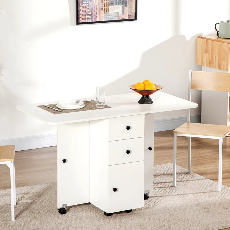 Homcom Folding Dining Table, Drop Leaf Table Top With Two Storage Drawers White