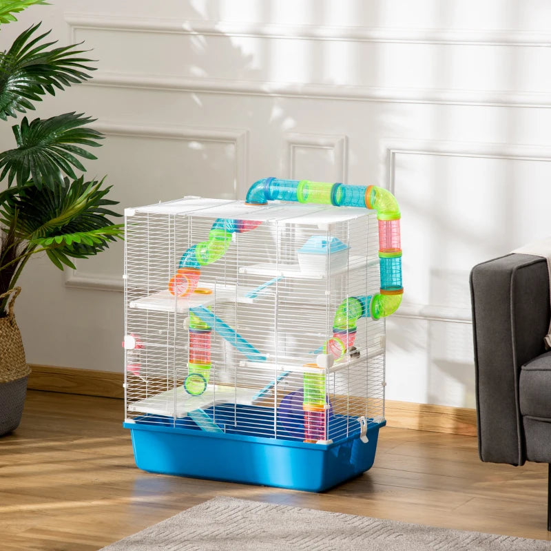 Multi-Activity 5-Level Hamster Cage w/ Tubes,Water Bottle,Exercise Wheel - Blue