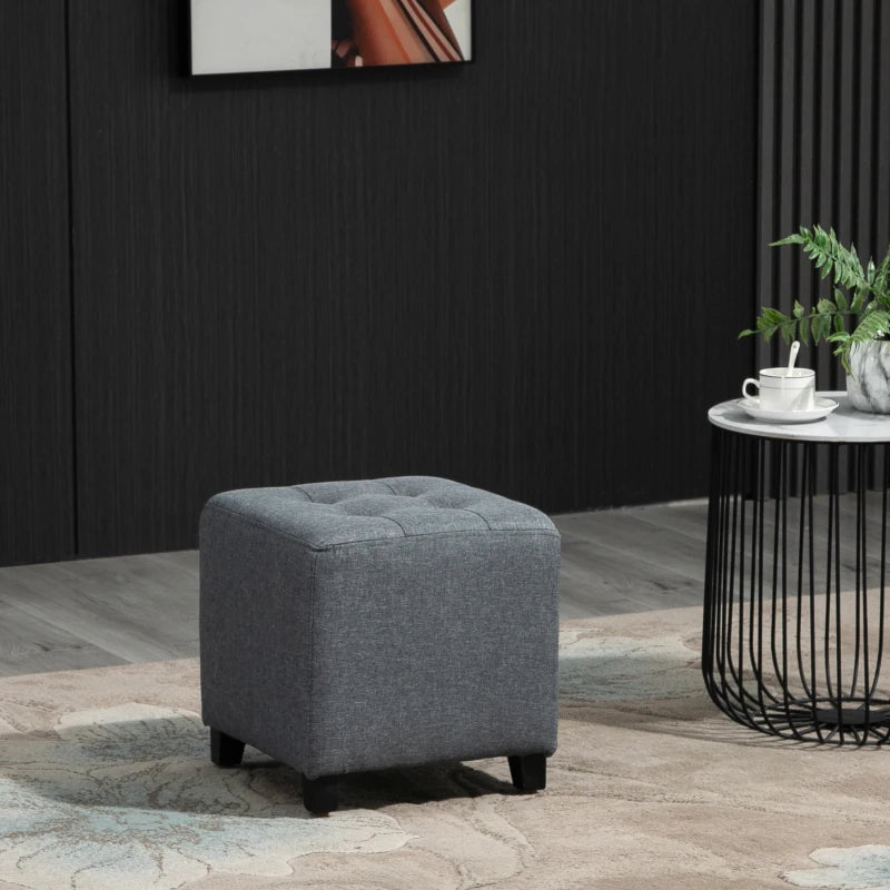 Homcom Linen-Look Square Retro Design Footstool Button Tufts Wood Frame Padding