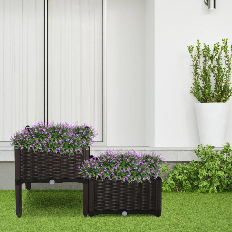 Outsunny PP Set Of 2 Raised Outdoor Garden Planter Box, 40Lx40Wx44Hcm,Brown