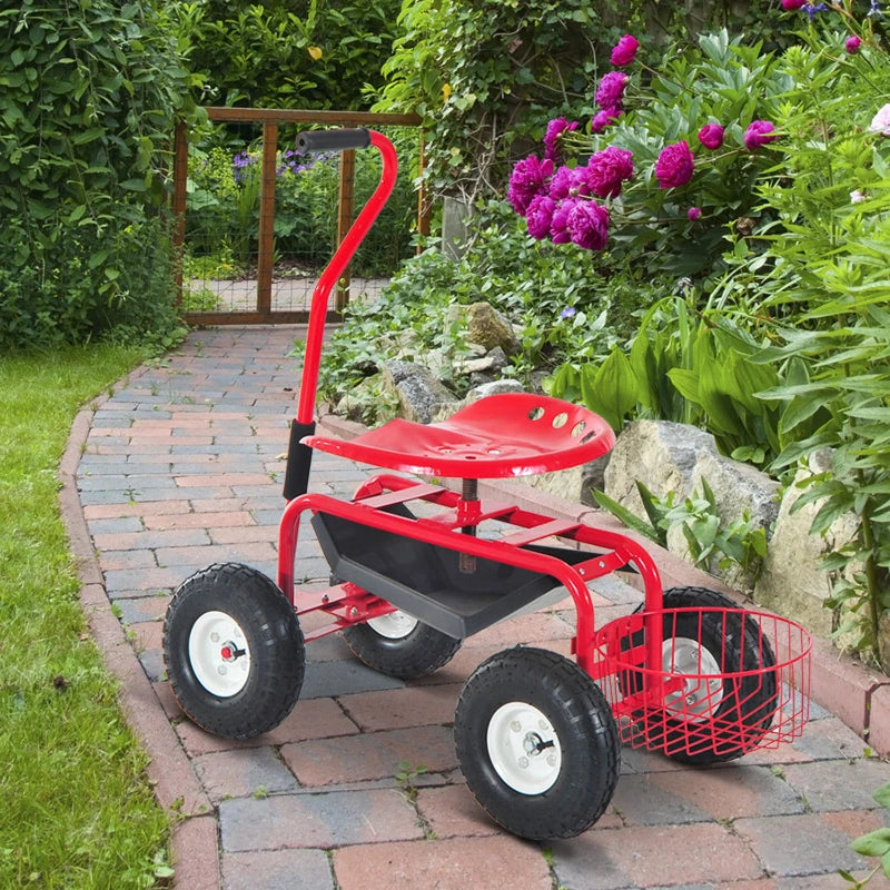 Heavy Duty Rolling Garden , Gardening Cart Planting | Tool Basket & Swivel Seat