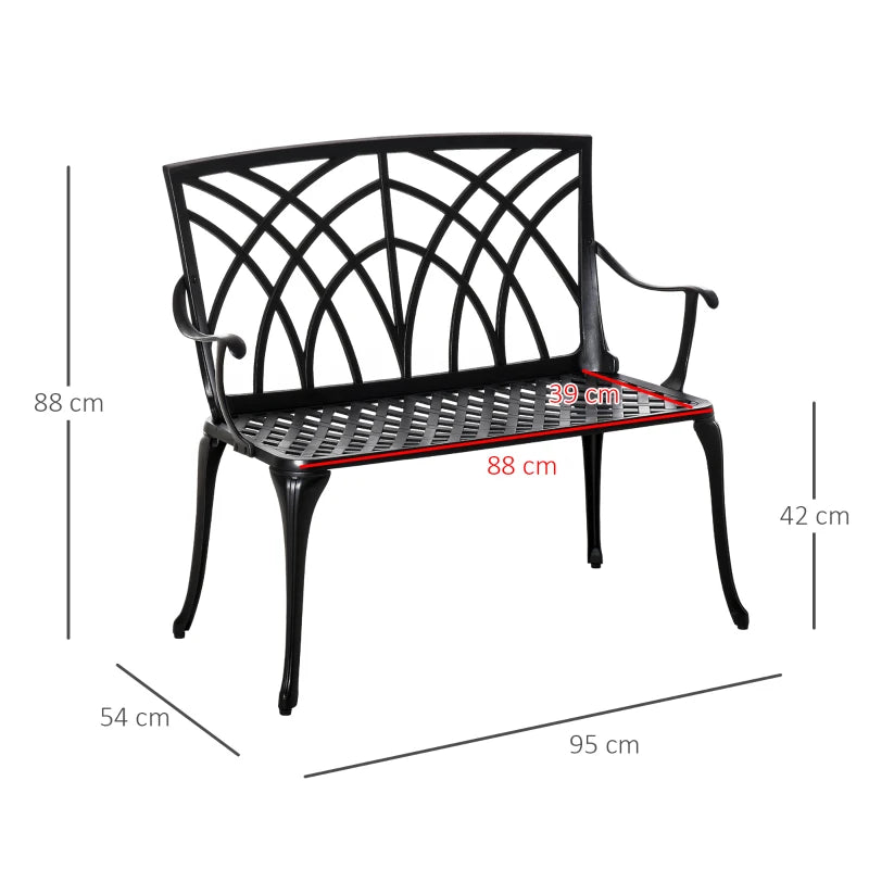 Outsunny Ergonomic 2-Seater Cast Aluminium Garden Bench Loveseat Armrest, 1 Pcs