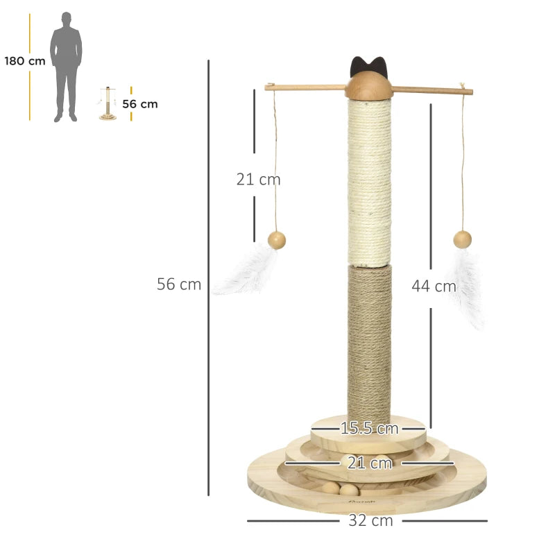 56cm Cat Tree w/ Turntable Toy Ball, Jute & Sisal Scratching Post Pawhut, 1 Pcs