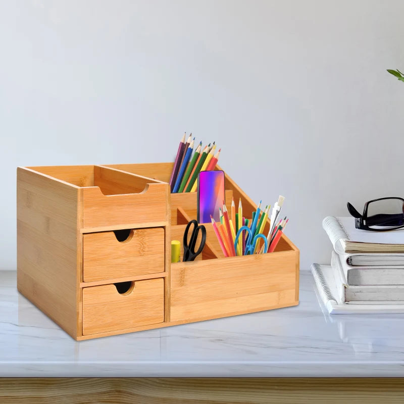 HomCom Elegant Desktop Organiser Home Office 2 x 7 Compartments, Bamboo Wood