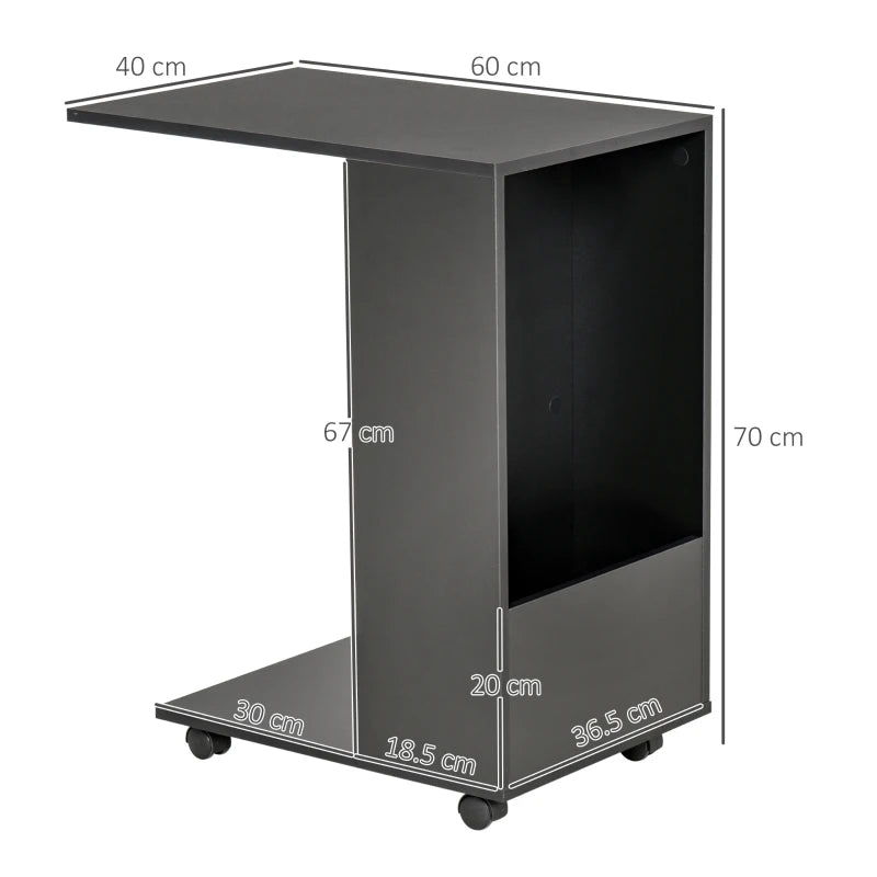 C-Shaped Sofa Side Table for Laptop Coffee w/ Storage and Casters, Homcom Black