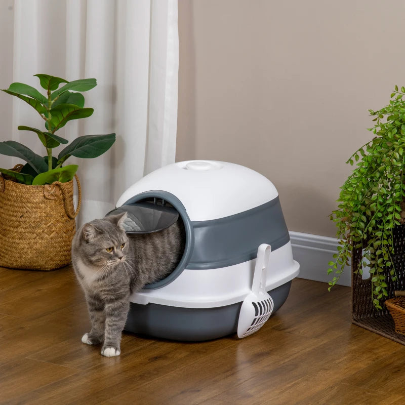 PawHut Hooded Cat Litter Tray w/ Lid,Large Two-way Entrance, Scoop Included,Grey