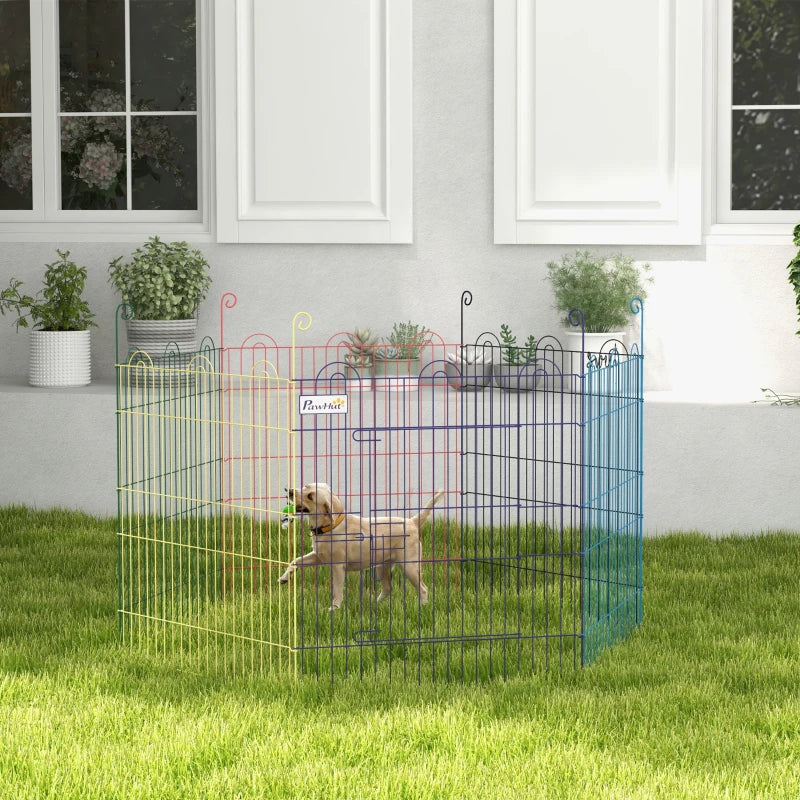PawHut Powder coated 6 Panel Playpen Dog Puppy Crate Kennel w/ Door, Multicolor