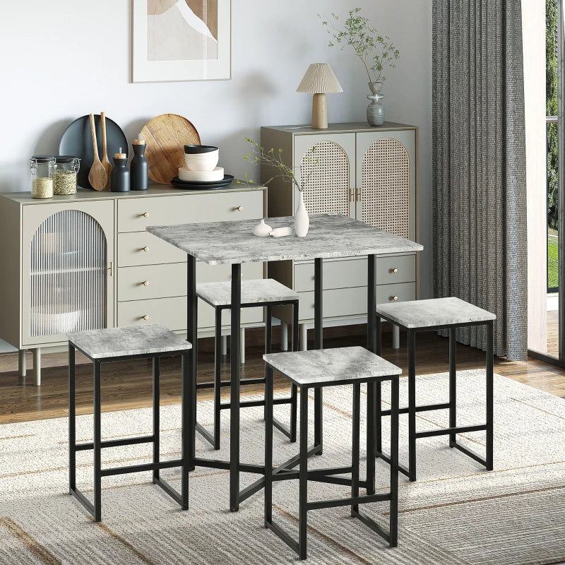 HomCom Square Bar Table w/ Dining Table Set for 4 People W/ Stools,Concrete Grey