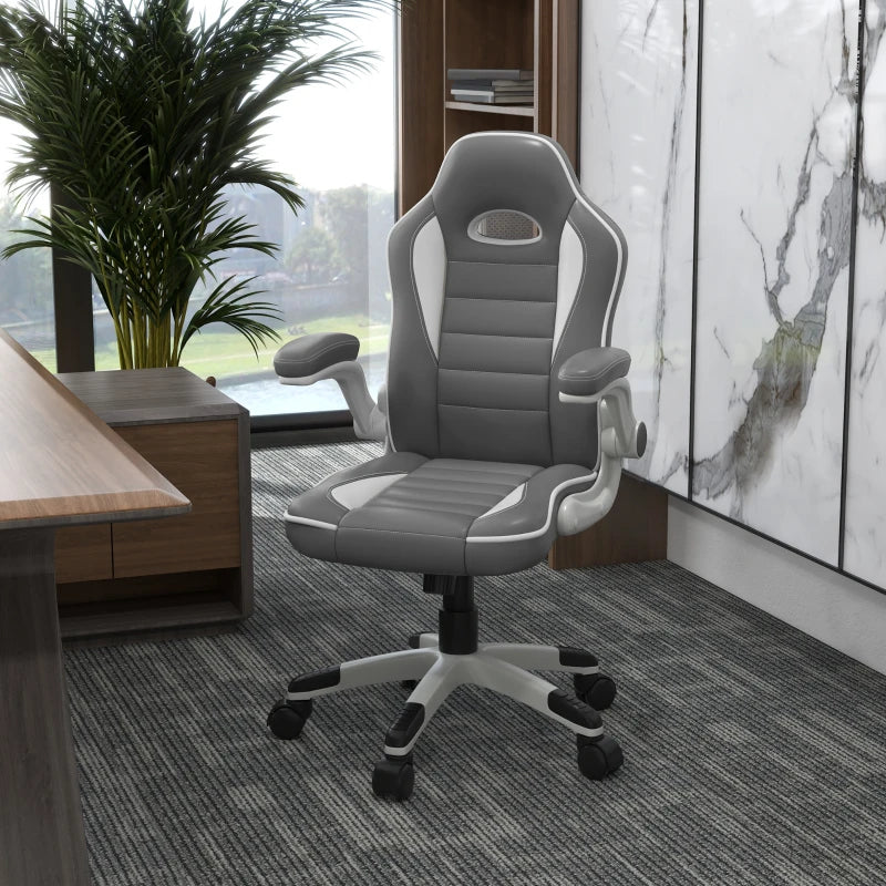 Vinsetto Height Adjustable Swivel Gaming Chair, Flip Up Armrests, PU Leather Grey