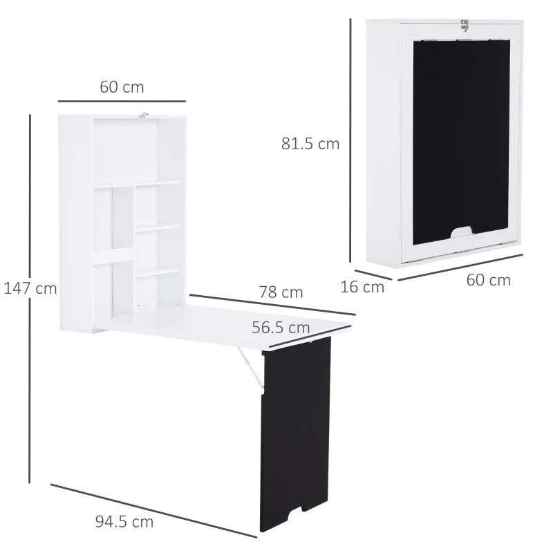 Homcom Folding Wall-Mounted Drop-Leaf Table with Chalkboard MDF,Shelf White 1 Pcs