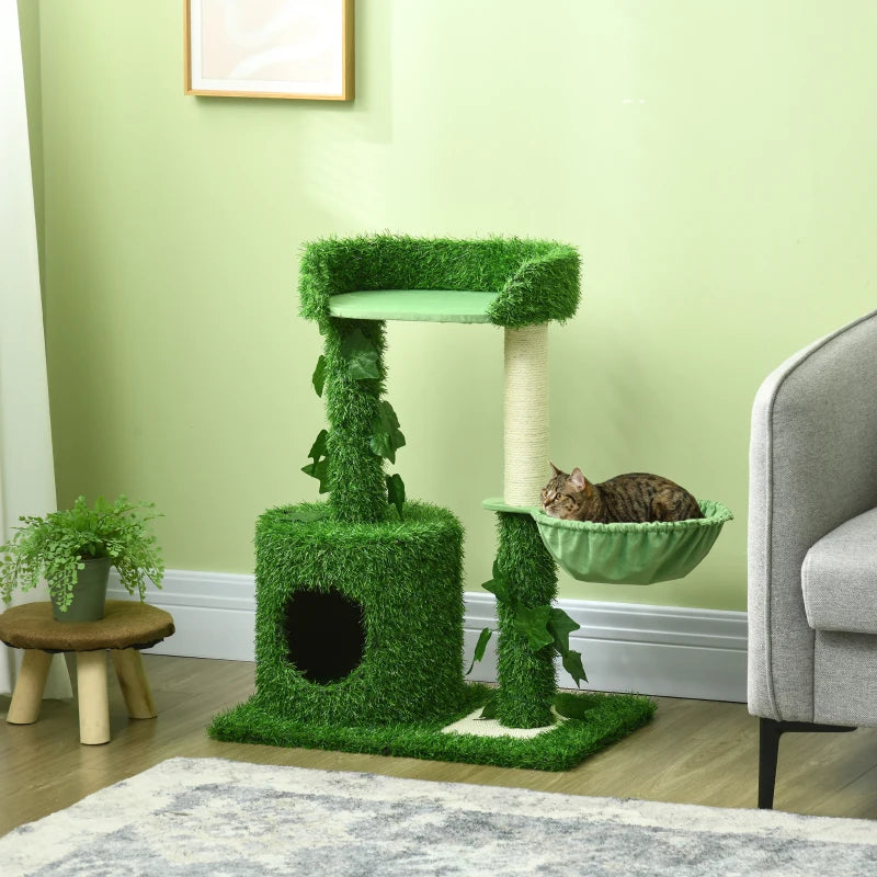 PawHut Cat Tree for Indoor Cats w/ Green Leaves, Scratching Posts 77Hx60Wx40D cm