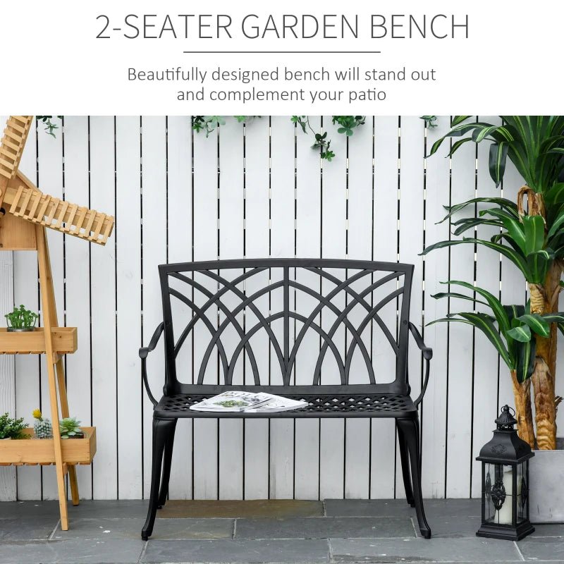 Outsunny Ergonomic 2-Seater Cast Aluminium Garden Bench Loveseat Armrest, 1 Pcs