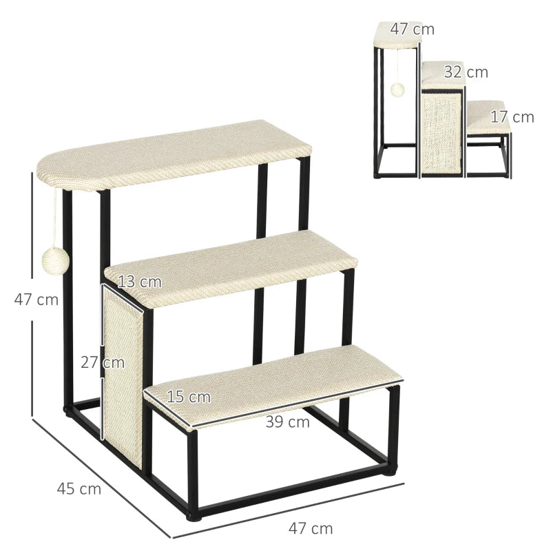 Cat 3-step Stairs with Scratching Board, Hanging Ball, Steel Frame-Cream Pawhut