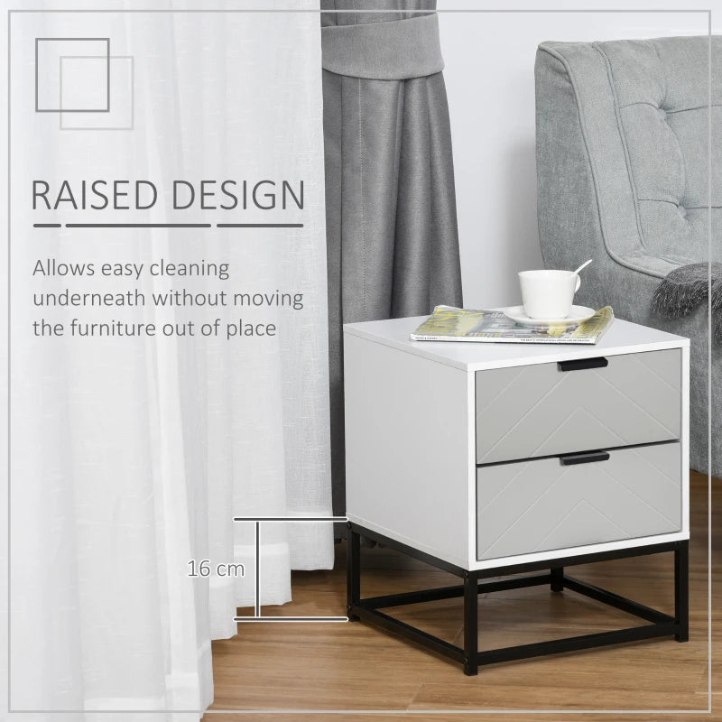 HOMCOM Bedside Cabinet w/ 2 Drawer Storage Unit, Bedroom Table, Metal Base-White