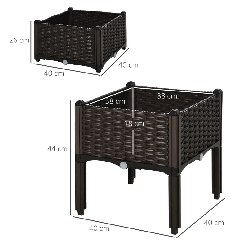 Outsunny PP Set Of 2 Raised Outdoor Garden Planter Box, 40Lx40Wx44Hcm,Brown