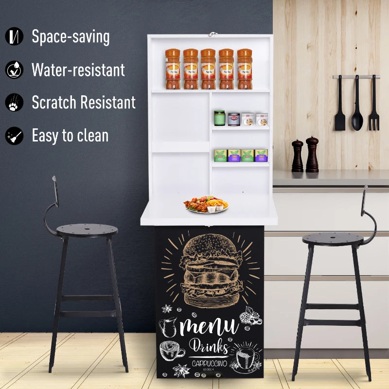 Homcom Folding Wall-Mounted Drop-Leaf Table with Chalkboard MDF,Shelf White 1 Pcs