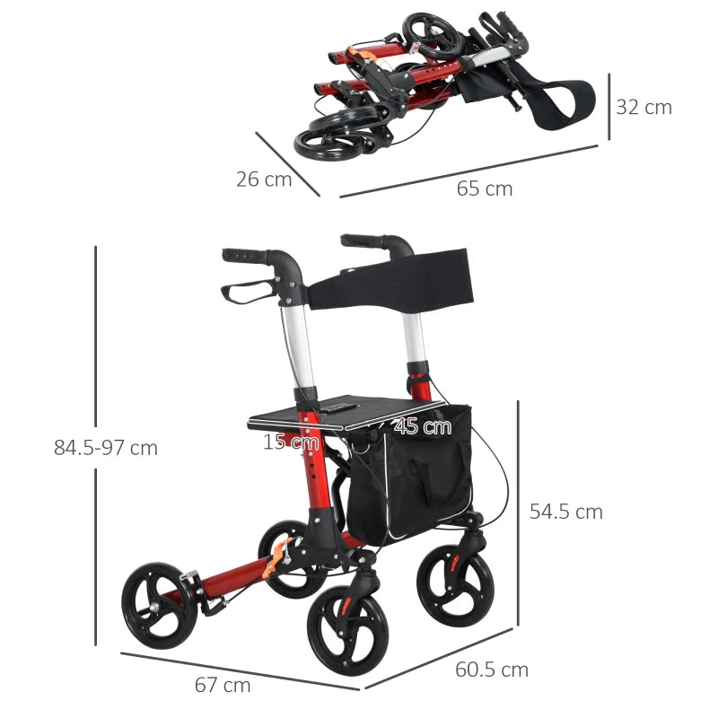 HOMCOM Adjustable Folding Rollator Walker w/ Seat Storage Pocket for Seniors