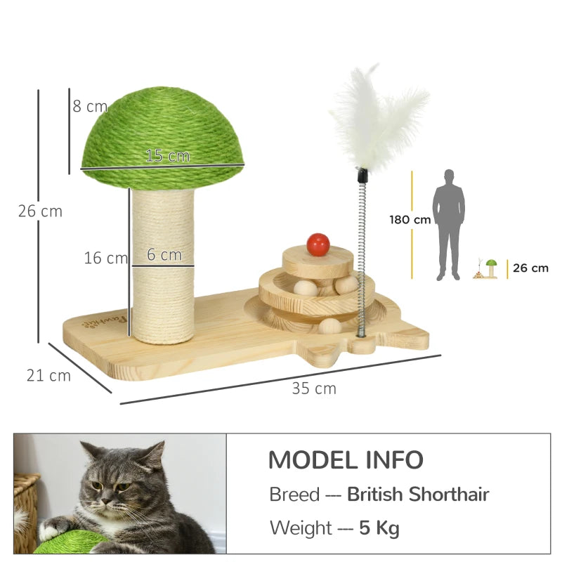 Mushroom-Shaped Cat-Scratching Post for Indoor with Toy Balls & Feather - Beige