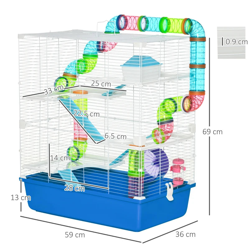 Multi-Activity 5-Level Hamster Cage w/ Tubes,Water Bottle,Exercise Wheel - Blue
