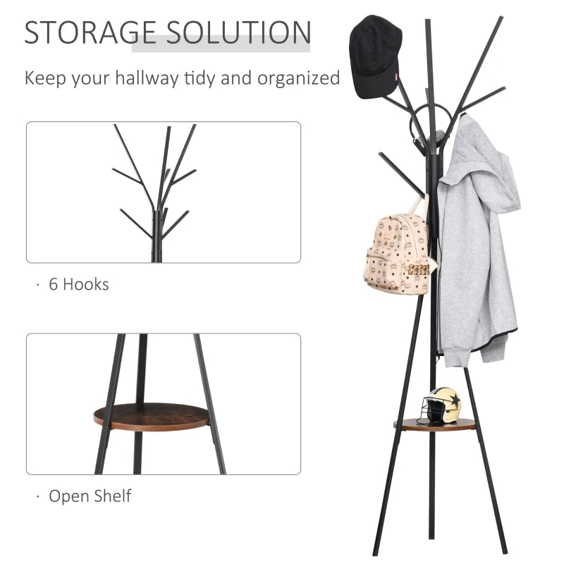 Multipurpose 180cm Free Standing Coat Rack Metal Shelf Stand Hat Hanger | Brown
