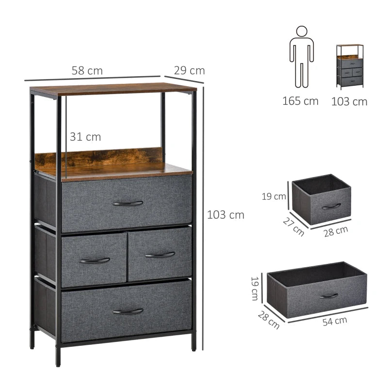 HOMCOM 4 Drawer Storage Chest Unit Home Cabinet w/ Shelves Home Furniture, Black