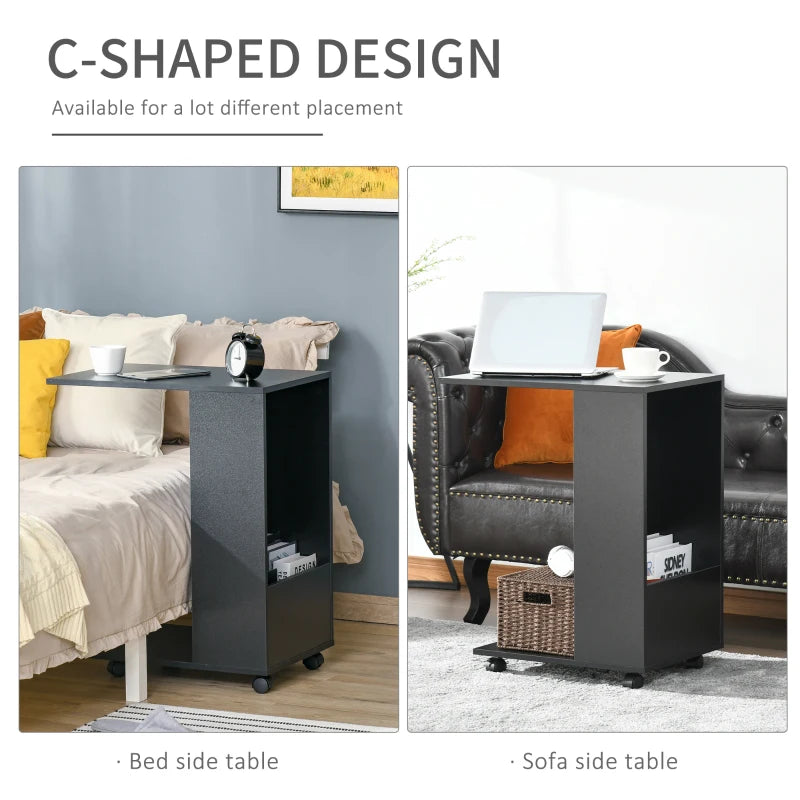 C-Shaped Sofa Side Table for Laptop Coffee w/ Storage and Casters, Homcom Black