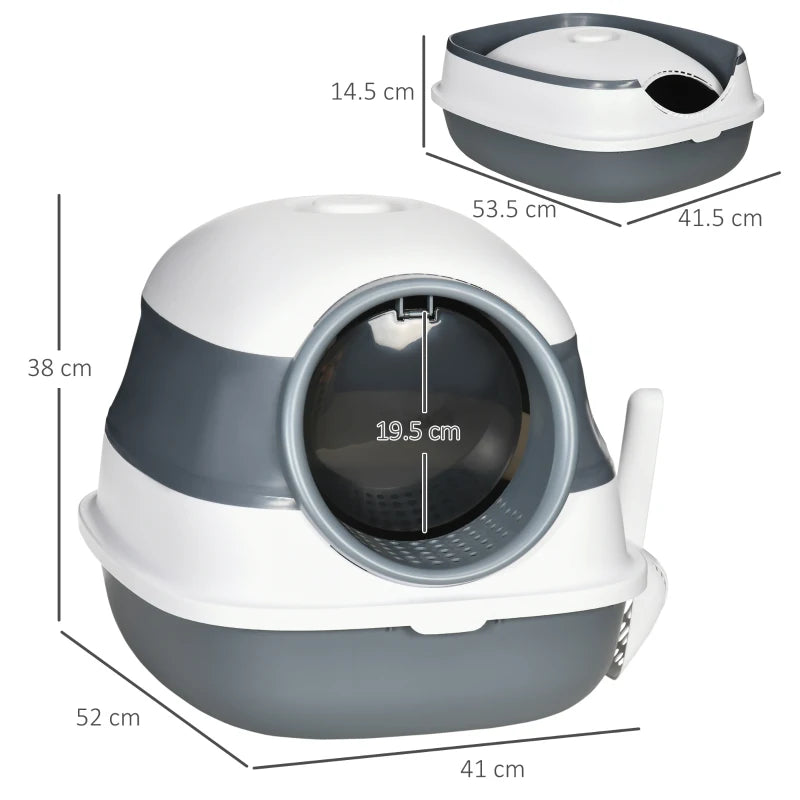 PawHut Hooded Cat Litter Tray w/ Lid,Large Two-way Entrance, Scoop Included,Grey