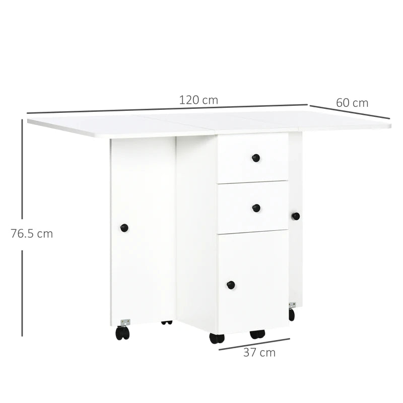 Homcom Folding Dining Table, Drop Leaf Table Top With Two Storage Drawers White