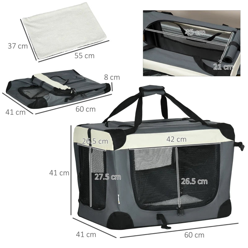 Pawhut 60 cm Foldable Pet Carrier Soft Bag w/ Cushion, for Dogs and Cats - Grey