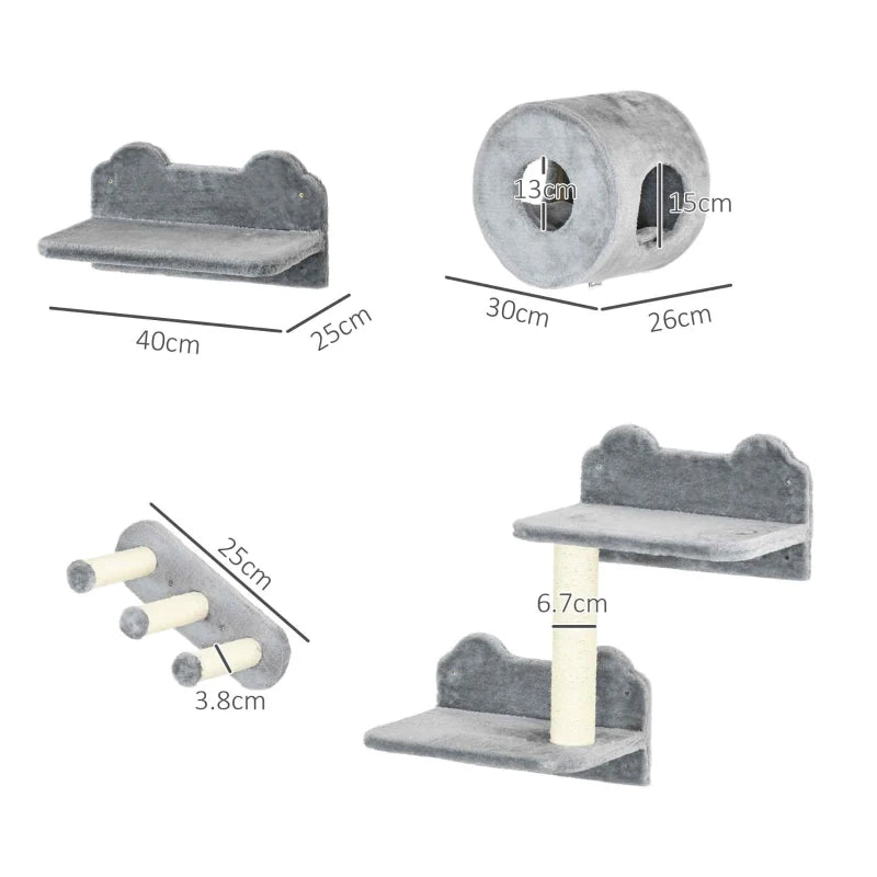 Pawhut Four-Piece Wall-Mounted Cat Tree with Platforms, Steps, Cat House - Grey