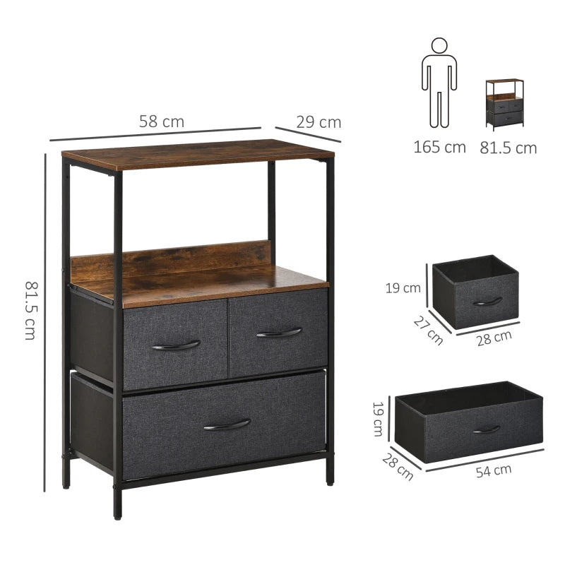 HOMCOM 3 Drawer Storage Chest Unit Home Cabinet w/ Shelves Home Furniture, Black