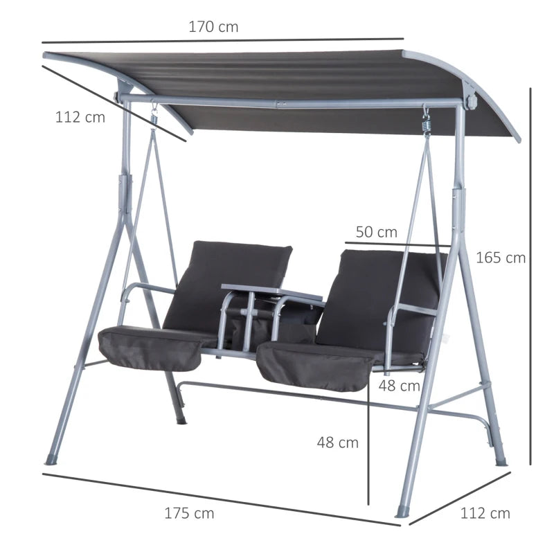 Outsunny Steel Frame 2-Seater Swing Chair with Table & Cup Storage Holder Grey