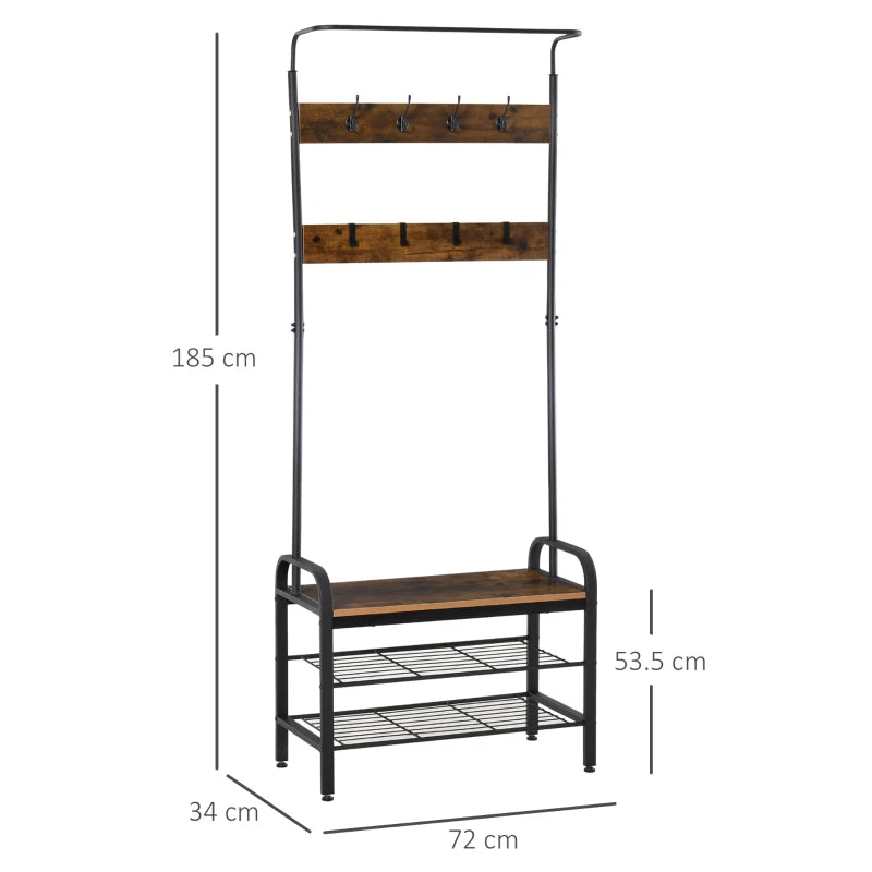 HOMCOM Coat & Shoe Rack Removable Hooks Metal Wood ,72×34×185(cm), Rustic Brown