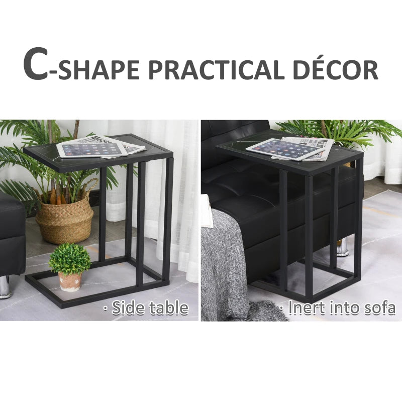 New C-Shape Side Table Marble-Effect Top Metal Frame Space-Saving Furniture