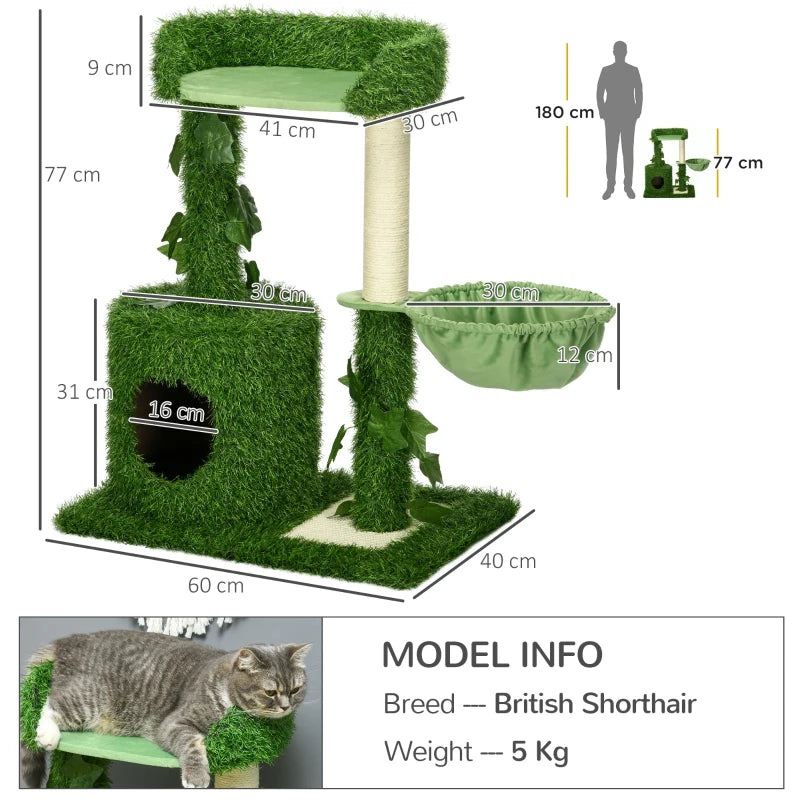 PawHut Cat Tree for Indoor Cats w/ Green Leaves, Scratching Posts 77Hx60Wx40D cm