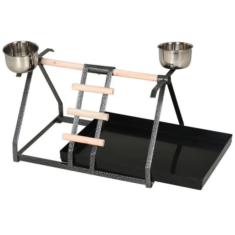 PawHut Portable Bird Stand Resting StainlessSteel Base Perch with Ladder & Bowls