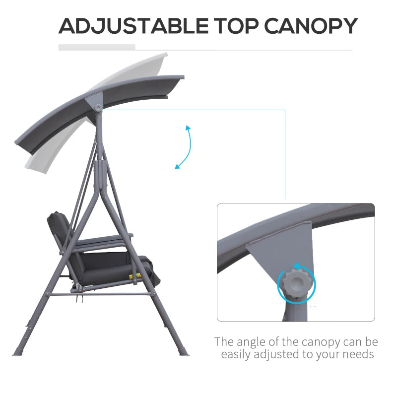Outsunny Steel Frame 2-Seater Swing Chair with Table & Cup Storage Holder Grey