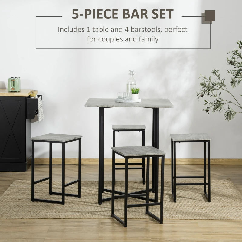 HomCom Square Bar Table w/ Dining Table Set for 4 People W/ Stools,Concrete Grey