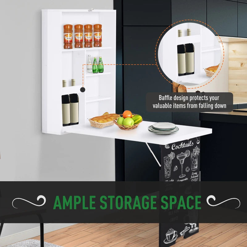Homcom Folding Wall-Mounted Drop-Leaf Table with Chalkboard MDF,Shelf White 1 Pcs