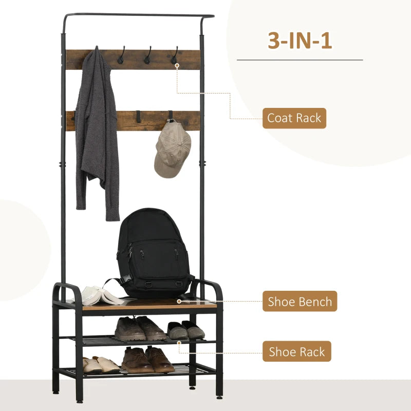 HOMCOM Coat & Shoe Rack Removable Hooks Metal Wood ,72×34×185(cm), Rustic Brown