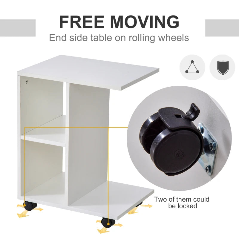 2 Shelves C-Shape End Table Storage Unit 4 Wheels Home Office White Homcom, 1 Pc