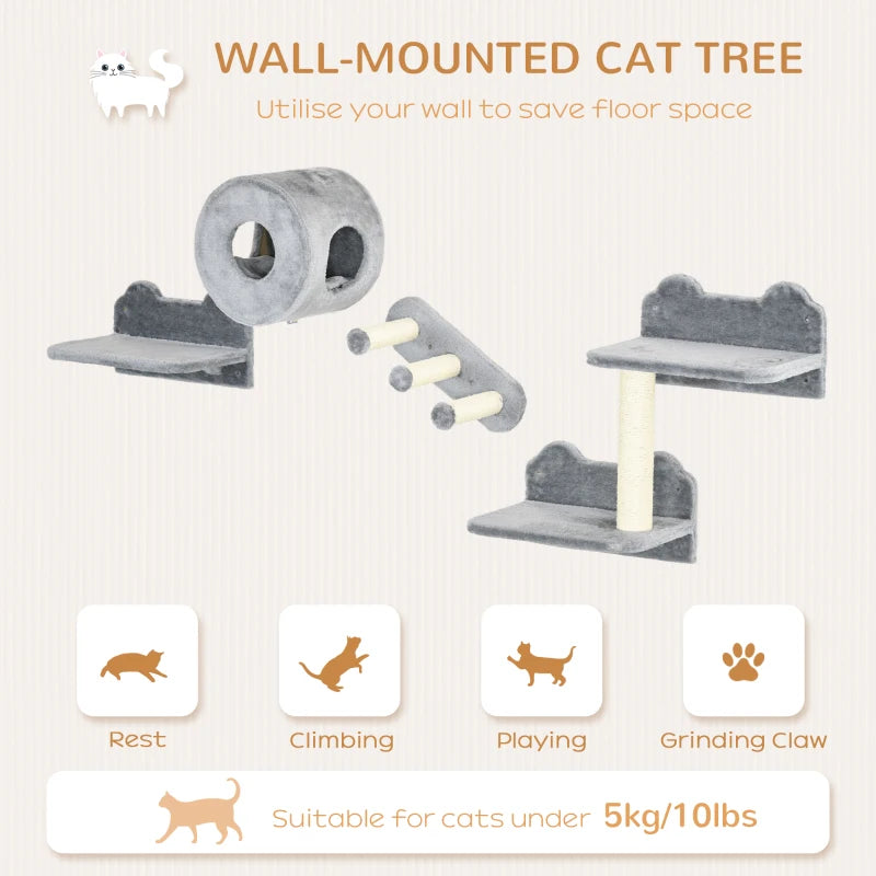 Pawhut Four-Piece Wall-Mounted Cat Tree with Platforms, Steps, Cat House - Grey