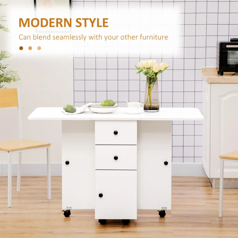 Homcom Folding Dining Table, Drop Leaf Table Top With Two Storage Drawers White