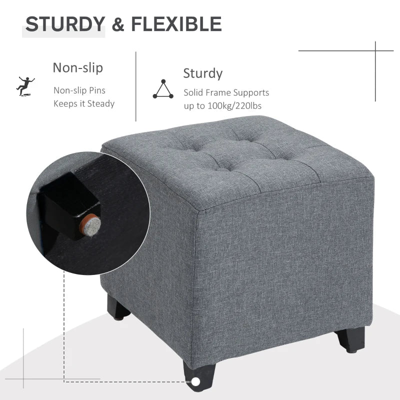 Homcom Linen-Look Square Retro Design Footstool Button Tufts Wood Frame Padding