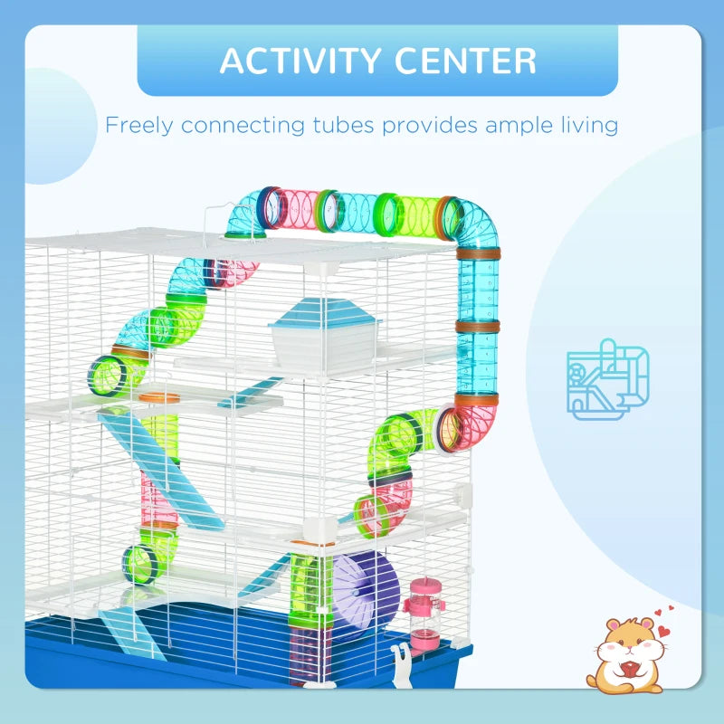 Multi-Activity 5-Level Hamster Cage w/ Tubes,Water Bottle,Exercise Wheel - Blue